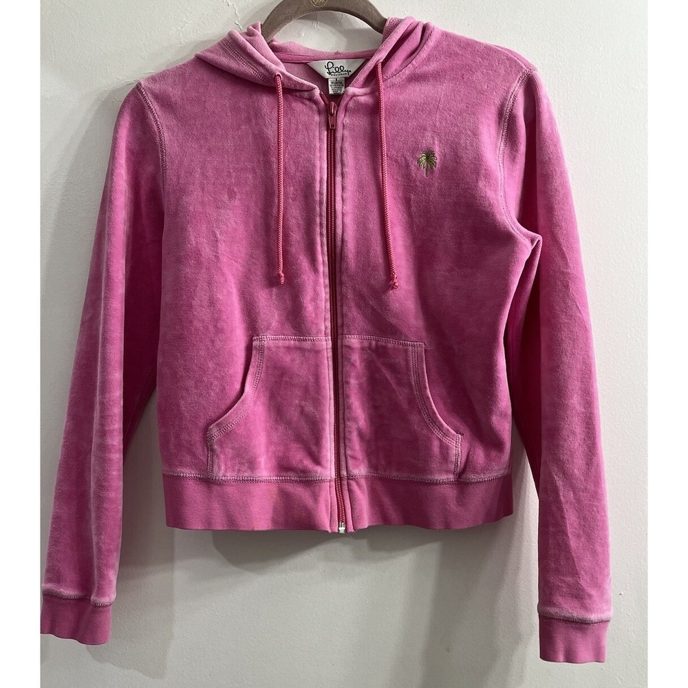 Lilly Pulitzer Womens S Pink Velour Full Zip Hoodie Embroidered Y2K Preppy